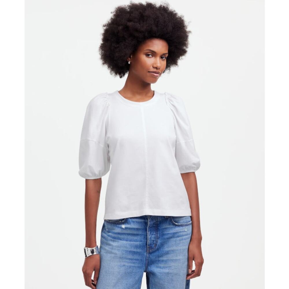Madewell Puff-Sleeve Tee WMNS XS White Crew Neck Cotton Relaxed Fit Ruffle Trim